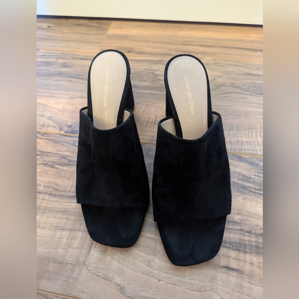 Stuart Weitzman Black suede Leather peep toe mules in a size 7.5. - Picture 3 of 12